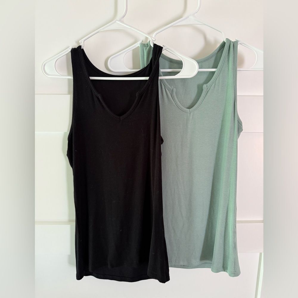 Layering Tank Tops - Knotched V-neck Blue and Black set of 2 Medium